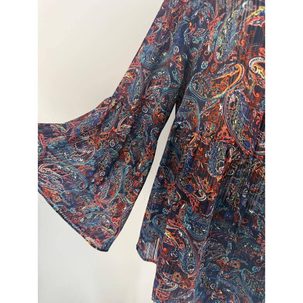 Relativity Womens XL Paisley Bell Sleeve Blouse Navy Orange Boho Tie V-Neck